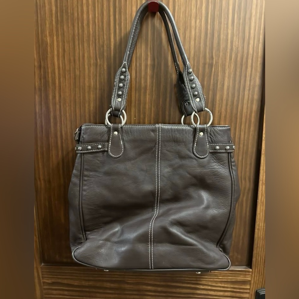 American West Brown and White Cowhide Leather Tote - Picture 2 of 3